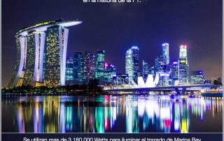 Mas de tres millones de watts se utilizan para iluminar Marina Bay en el GP de Singapur.