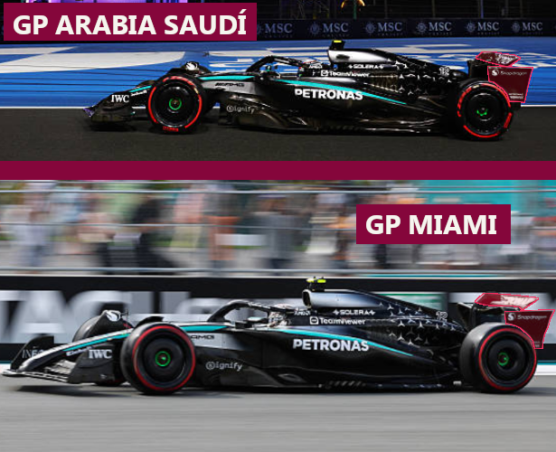 Comparativa de la inclinación del plano superior del alerón trasero del Mercedes en el GP Arabia Saudí y en el GP Miami